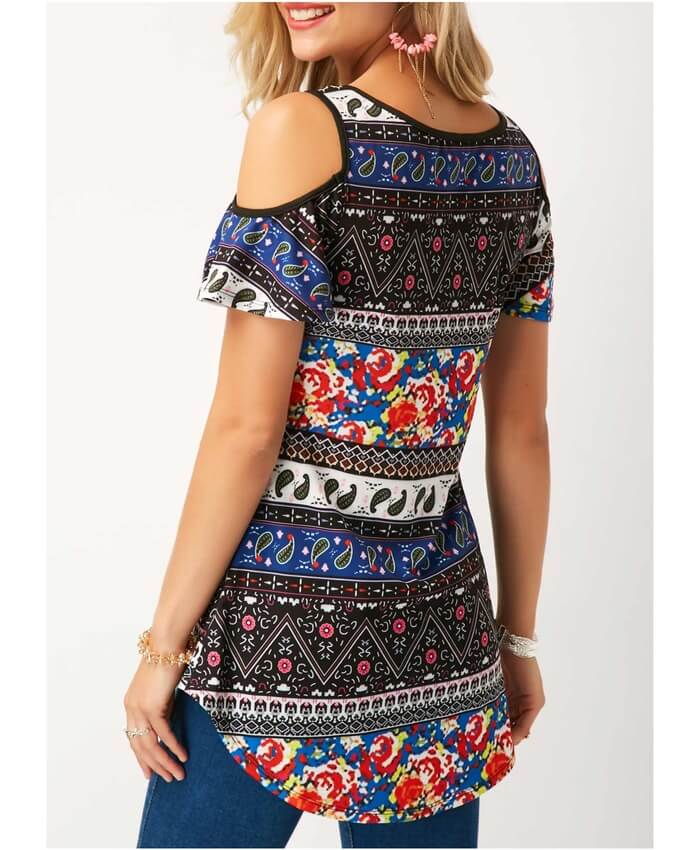 Cold Shoulder Curved Hem Printed T Shirt